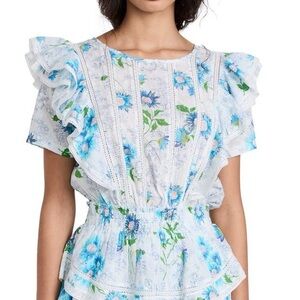 LoveShackFancy Blue & Green Floral Ruffle Mini Dress